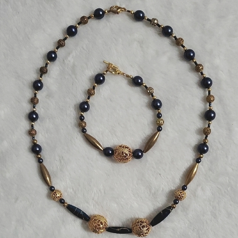 Artisan Made Gold and Blue Beaded Necklace and Bracelet Set